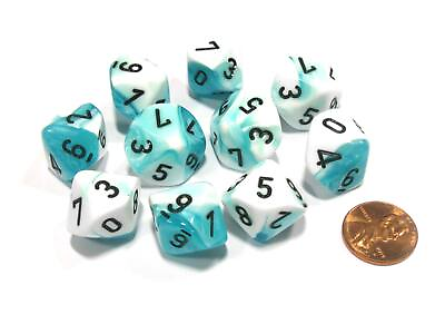 #ad Set of 10 Chessex Gemini D10 Dice Teal White with Black Numbers $9.28