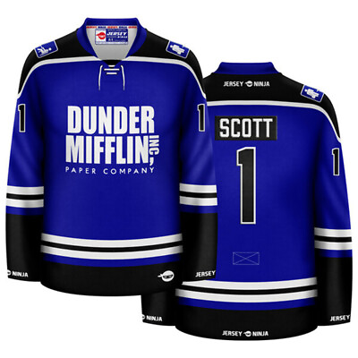 #ad Dunder Mifflin Michael Scott Blue Hockey Jersey $134.95