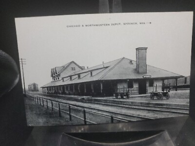 #ad Chicago amp; Northwestern Railroad Train Station Depot Postcard SPOONER Wisconsin $4.99