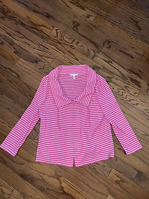 #ad #ad ST. JOHN Hot Pink Stripe Collared Full Zip Sweater Size XL Wool Blend $77.99