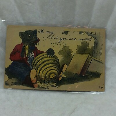 #ad Vintage Postcard Oh My But you Are Sweet Bear With Hive Bees Scene Greeting 1913 $19.55