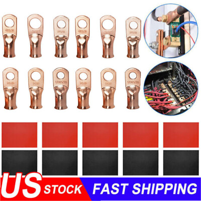 #ad 20PCS 1 0 8 AWG Gauge Copper Lugs w BLACK amp; RED Heat Shrink End Ring Terminals $13.98