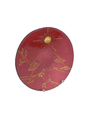 #ad Enameled Small Red amp; Gold Trinket Dish Two Birds and Sun Hand Painted Signed $5.99