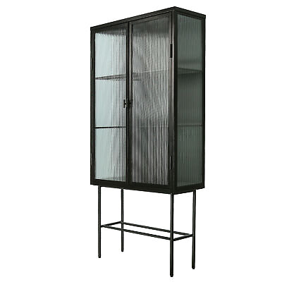 #ad Retro Style Fluted Glass High Cabinet Storage 2 Doors 3 Detachable Shelves O4Q4 $214.96
