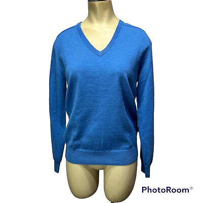 Aquascutum Womens S 100% Wool Thin Knit Sweater Pullover Jumper V Neck Blue #ad $14.99