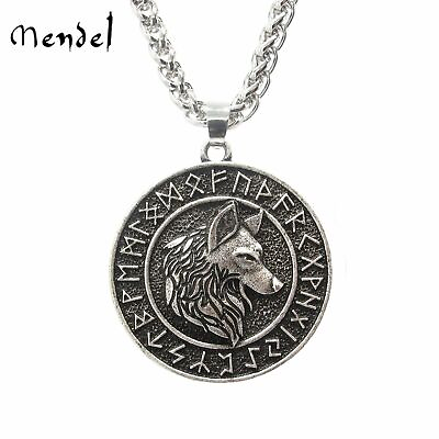 #ad MENDEL Mens Norse Viking Rune Fenrir Wolf Head Pendant Necklace For Men Women $10.99