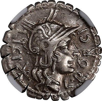 Porcius Licinus Roman Republic AR Denarius Serratus 118 BC NGC Ch VF $450.00