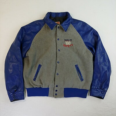#ad Vintage varsity jacket size Large Husky Oil 1988 safety leather wool button coat C $147.19