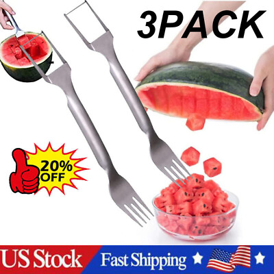 #ad 3PCS Watermelon Slicer Cutter2 in 1 Fork Stainless Steel Fruit Cutting Artifact $4.49
