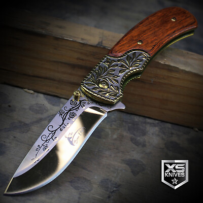 #ad WESTERN Ornate WOOD HANDLE Cowboy Spring Assisted Open Pocket Knife GOLDEN Blade $14.94