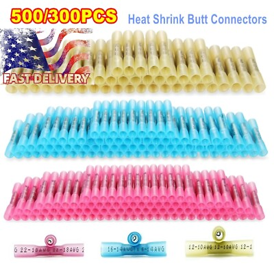 #ad 500 300pcs 22 10AWG Heat Shrink Butt Splice Wire Connectors Seal Crimp Terminals $17.99