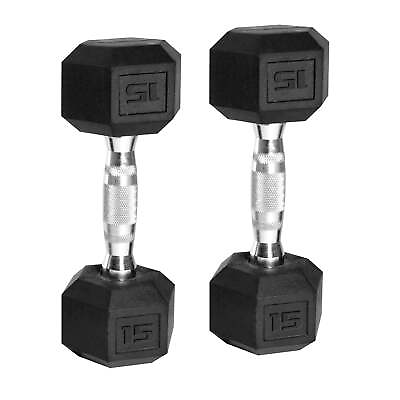 #ad #ad New Coated Rubber Hex 15lb Dumbbells Set of 2 Black Weight Barbell Pairs US $31.60