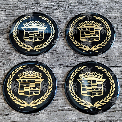 #ad #ad Black and Gold Cadillac Wire Wheel Chips Emblems Caps Set of 4 Size 2.25 inches $10.00