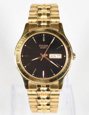 #ad Vintage Pulsar Watch Men#x27;s 36mm Gold Tone Black Dial Day Date #G044 $24.98