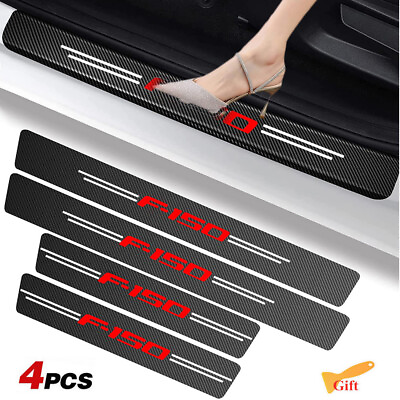 #ad 4Pcs For FORD F 150 Carbon Fiber Leather Car Door Sill Protector Scuff Cover Red $9.49