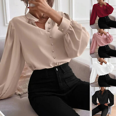 #ad #ad Womens Button Down Tunic Tops OL Ladies Long Sleeve Work Loose Shirt Blouse Size $18.49