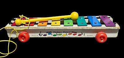 #ad Vintage 1964 78 Fisher Price Pull A Tune Wood Metal Xylophone Toy Mallet USA $8.93