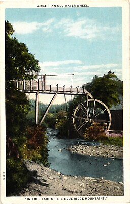 #ad Old Water Wheel Blue Ridge Mountains North Carolina White Border Postcard 1920s $4.95