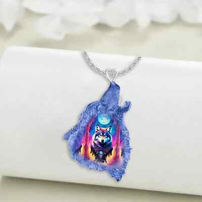 #ad Colorful Forest Moon Wolf Wolf Head Resin Epoxy Necklace For Men And Women $5.00