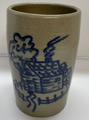 #ad 1993 BBP Beaumont Brothers Salt Glazed Pottery Vase Cobalt Blue House 6 3 4quot; $54.99