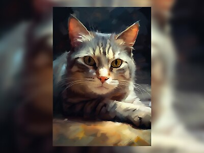 #ad Elegant Cat Oil Painting Print Expressive Feline Portrait Art 5quot; x 7quot; GBP 4.99