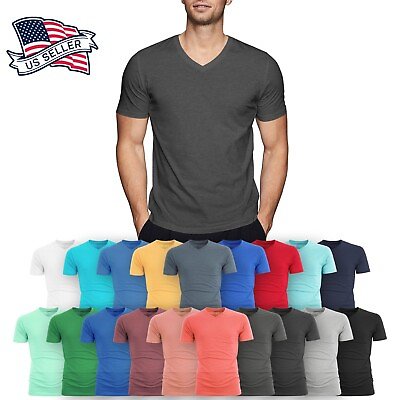 #ad Mens V Neck T Shirt Short Sleeve Slim Fit Casual Plain Tee Top Soft Cotton $7.99