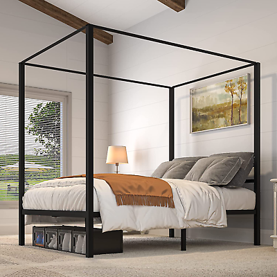 #ad Black Metal 4 Poster Canopy Bed Frame with Headboard Mattress Foundation with W $294.97
