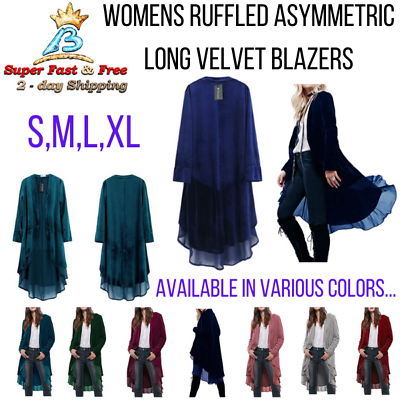 #ad Blazer Coat Casual Jacket Women Ruffled Soft Asymmetric Long Velvet Warm Top $53.20