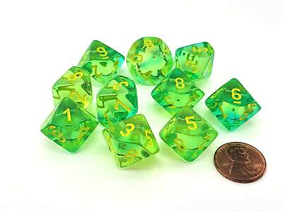 #ad Set of 10 Chessex Gemini D10 Dice Translucent Green Teal with Yellow Numbers $9.26