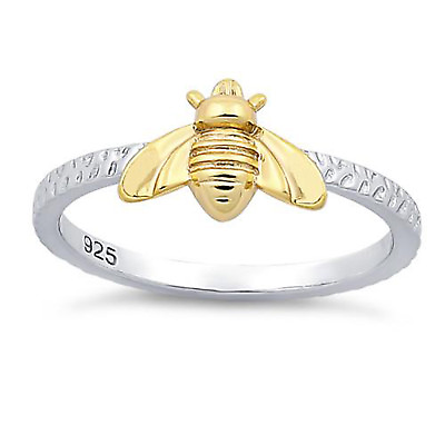 #ad Sterling Silver 925 Bumble Bee Ring Honey Bee Two Tone Ring Insect Band Ring R77 $31.99