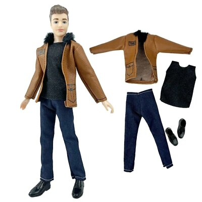 #ad 1set 1 6 Male Doll Clothes Brown Leather Coat Black Pants Shoes For Ken Doll Boy $4.93