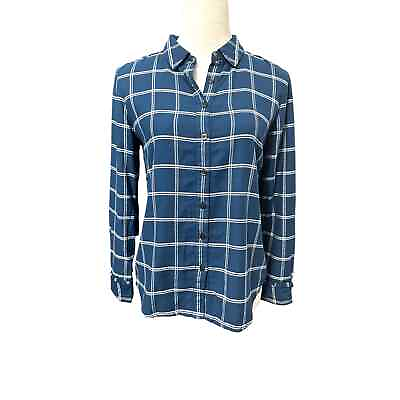 #ad Draper James Womens Button Up Shirt Blue Plaid Long Sleeve Cuff Round Hem 2 $30.99