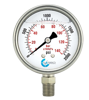 #ad 2.5quot; LIQUID FILLED PRESSURE GAUGE 0 2000 PSI STAINLESS STEEL CASE LOWER MOUNT $11.95