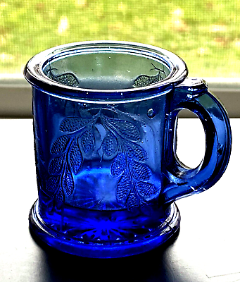 #ad EAPG Mosser Cobalt Blue Glass Child Toy Mug w Foliage $6.00