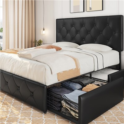 #ad Queen Faux Leather Platform Bed Frame with Adjustable Headboard and 4 Drawers $199.98
