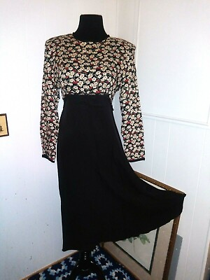 #ad WHIRLAWAY FROCKS dress Black Floral Sz 10P Vintage Prairie Modest waist ties EUC $25.00