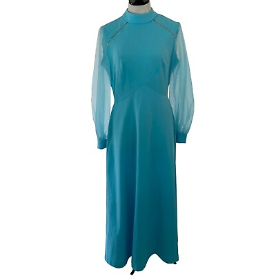 #ad Montgomery Ward Vintage 1970s Womens Gown Size L Blue Maxi Rhinestone Embellishe $124.95