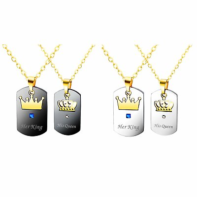 #ad His and Hers Stainless Steel Her King His Queen Crown Couple Lovers Necklaces $12.99