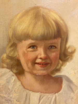 #ad Vintage Portrait Painting on Board Little Girl Blond Hair Blue Eyes Dimples 1954 $180.28
