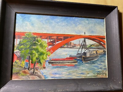 #ad Antique S Wahlberg 1934 quot; Industrial View Of A Riverquot; Oil Painting Signed Framed $118.00
