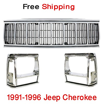 #ad For 1991 1996 JEEP CHEROKEE Front Grille amp; Headlamp Door Chrome amp; Black 3pc $185.99