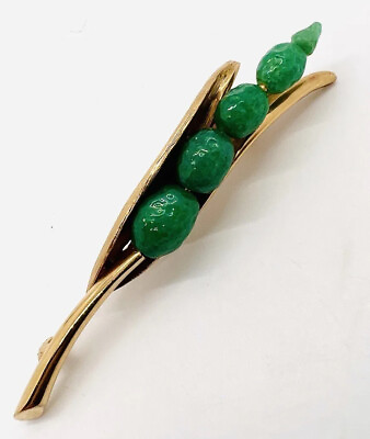 #ad Long KRAMER NY Faux Jade Glass Pea Pod Brooch 3 1 2in Signed Vintage Jewelry $139.99