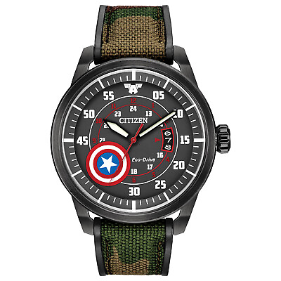 Citizen Eco Drive Captain America Men#x27;s Camouflage Nylon 45mm Watch AW1367 05W $99.99