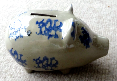 #ad BBP Beaumont Brothers Pottery Piggy Bank Salt Glaze Blue Sponge Paint 1997 $23.38