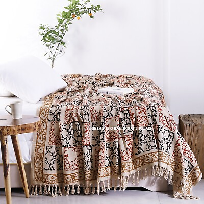 #ad Indian Hand Block Print Blanket King Size Floral Beige amp; Black Cotton Sofa Throw $85.99