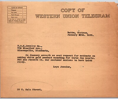 #ad quot;Leysquot; Jewelers Butte MT 1925 WU Telegram Copy re: White Gold Pendant $8.99