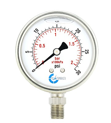 #ad 2.5quot; LIQUID FILLED PRESSURE GAUGE 0 30 PSI STAINLESS STEEL CASE LOWER MOUNT $11.95