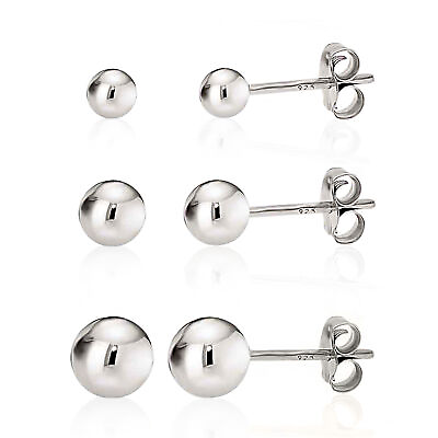 925 Sterling Silver High Polish Smooth Round Ball Stud Earring 3 Size Set $9.99