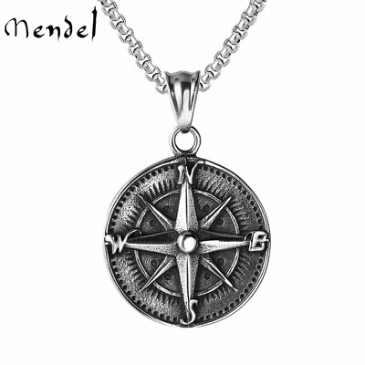 MENDEL Cool Mens Nautical North Star Compass Pendant Necklace Stainless Steel $11.99