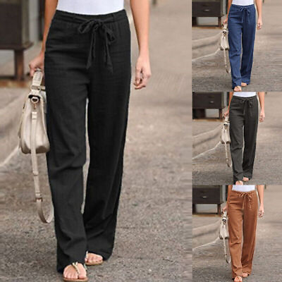 #ad Womens Cotton Linen Trousers Straight Leg Summer Casual Loose Pants Long Pants $7.99